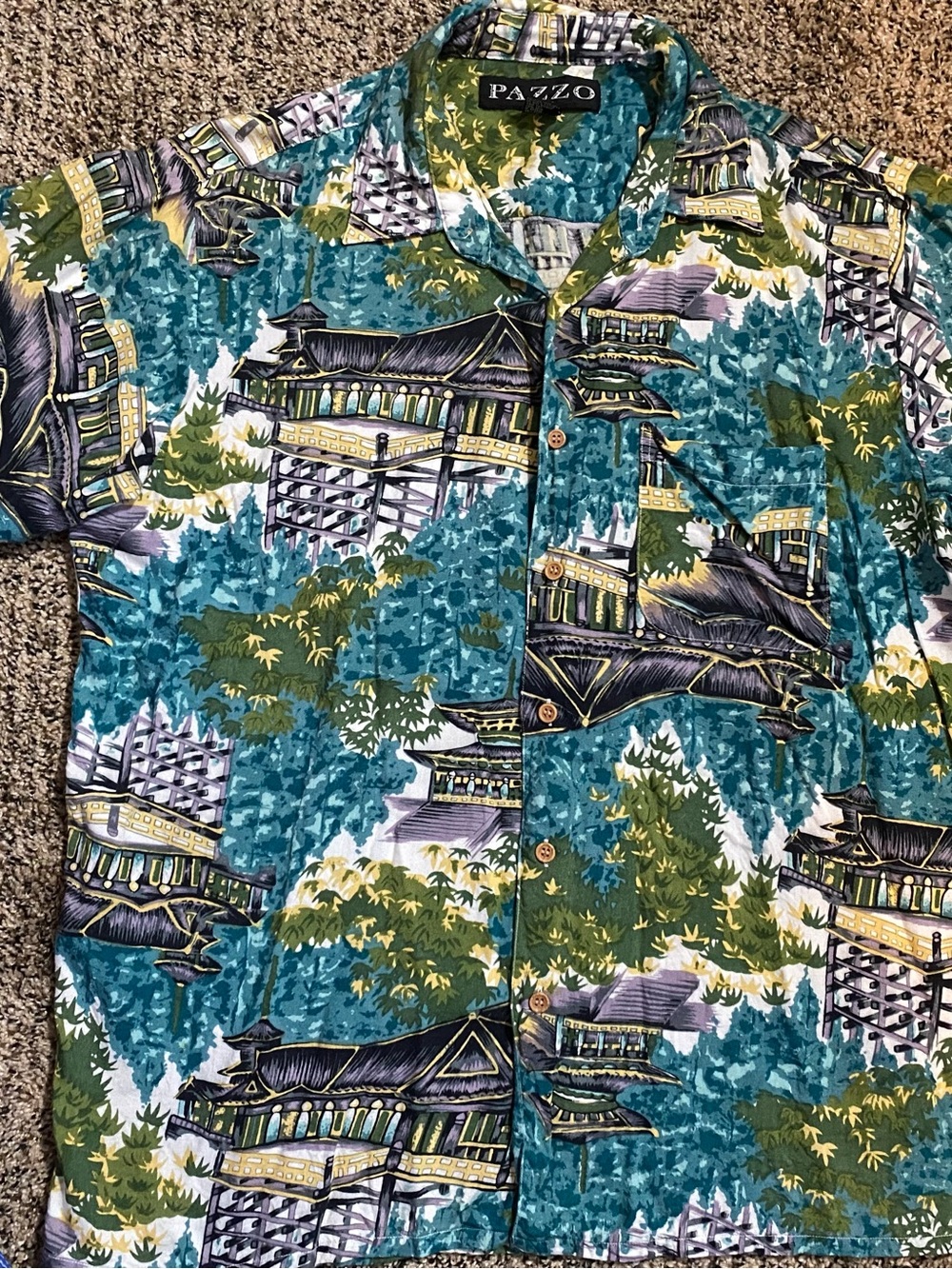 PAZZO Green & Blue Pagoda Print Hawaiian Shirt